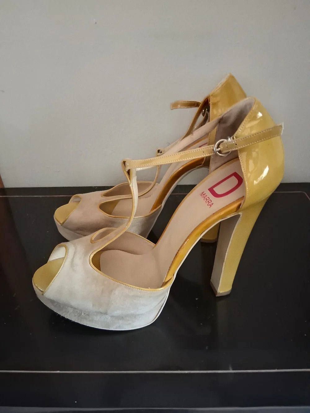 Antonio Marras Yellow and Cream T-Strap Peep Toe Platform Heels